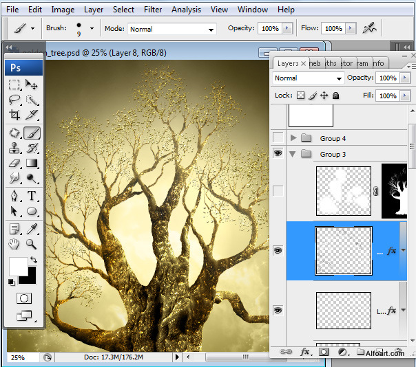 Golden apple tree. Magic scene. Adobe Photoshop Tutorial.